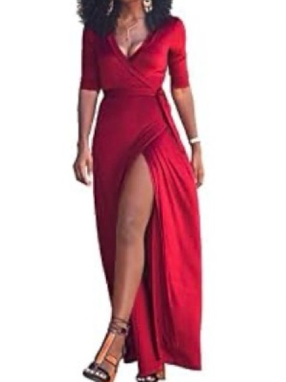 Red Wrap Maxi Dress with High Slit - Women's Elegant Evening Dress